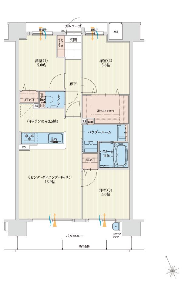 アルファステイツ四日市芝田の間取り図　E：3LDK＋選べるクロゼット