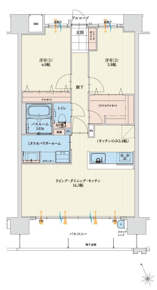 アルファステイツ四日市芝田の間取り図　F：2LDK＋ミタスモクロゼット ＋ミタスモパウダールーム