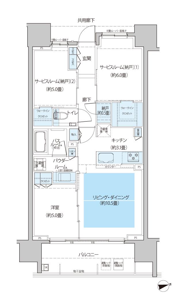 シティハウス植田の間取り図　B：1LDK＋2S＋N＋2WIC