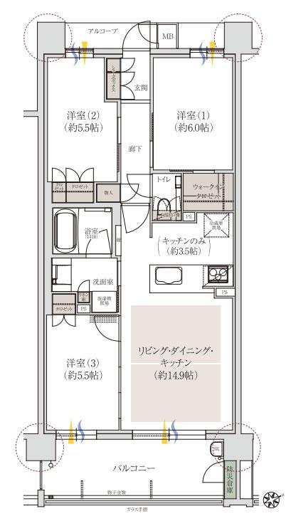 サンメゾン徳重の間取り図　B：3LDK+WIC