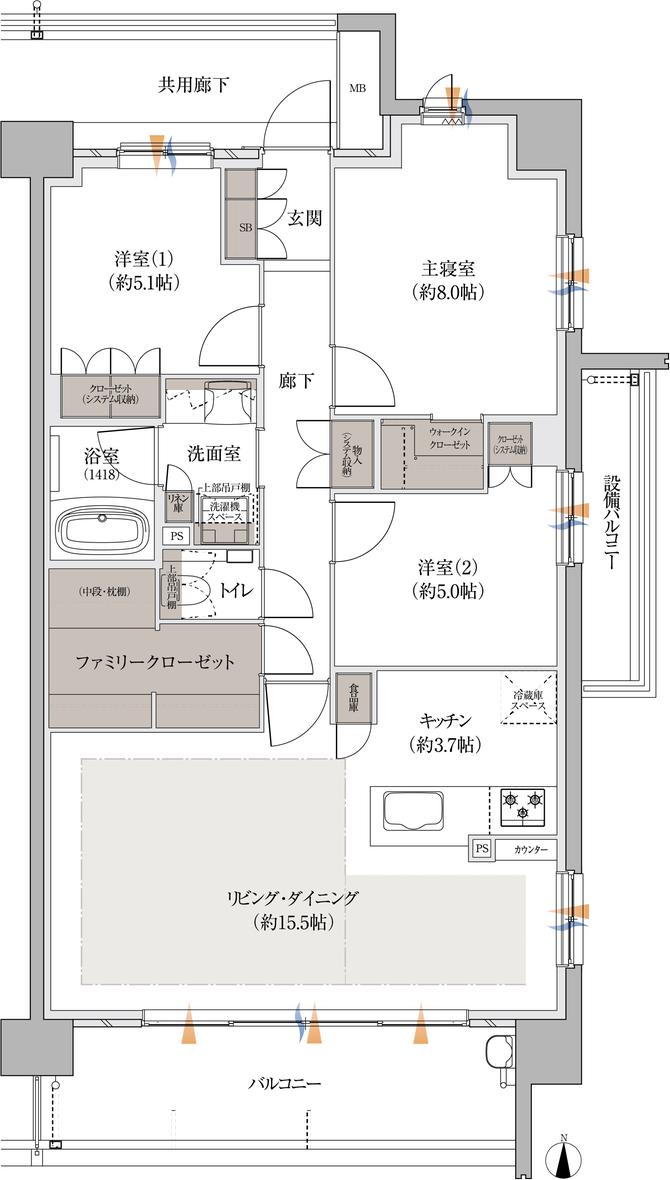 バンベール庄内通 ザ・レジデンスの間取り図　H：3LDK+WIC+SB+FC