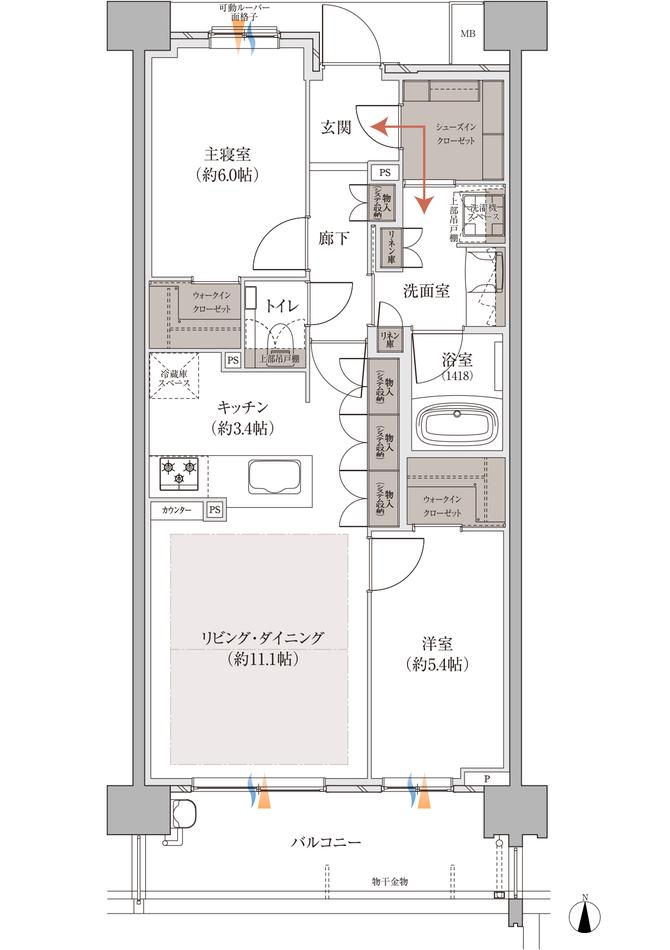 バンベール庄内通 ザ・レジデンスの間取り図　D：2LDK+2WIC+SIC