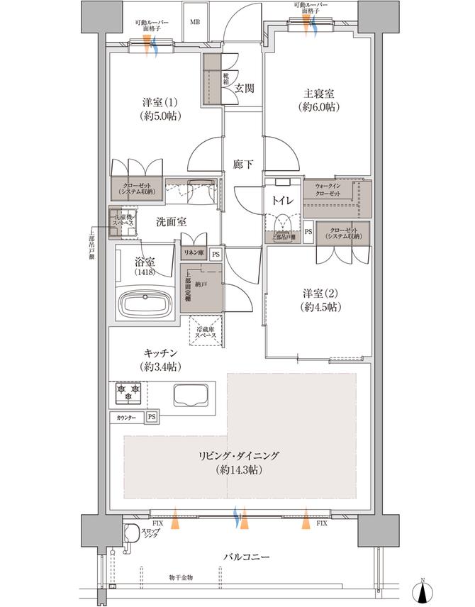 バンベール庄内通 ザ・レジデンスの間取り図　G：3LDK+WIC+N