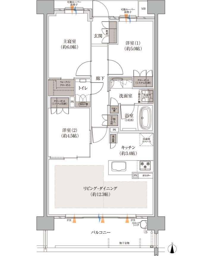 バンベール庄内通 ザ・レジデンスの間取り図　B：3LDK+WIC