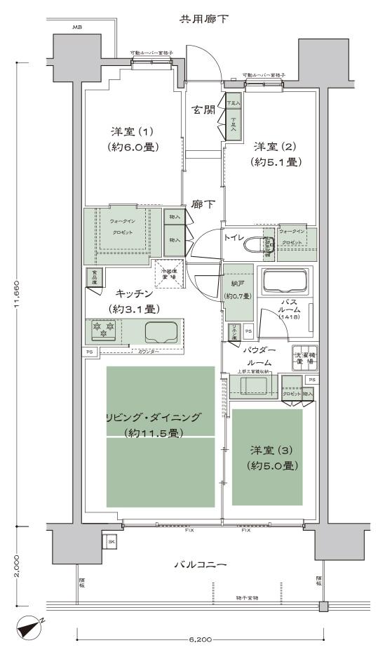 シティタワー名古屋東別院の間取り図　Bb2：3LDK+N+2WIC