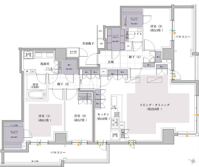 ウエリス覚王山法王町の間取り図　P：3LDK+2WIC+SC+N