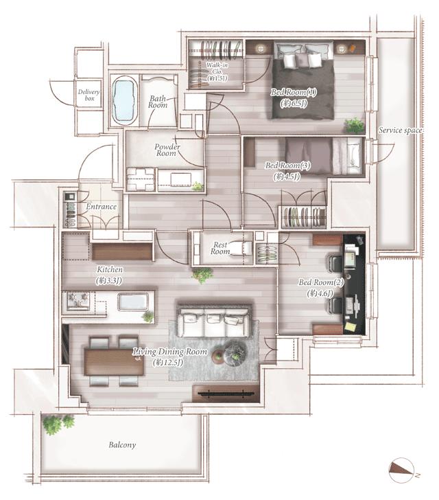 ウエリス覚王山法王町の間取り図　H：3LDK+WIC