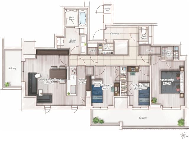 ウエリス覚王山法王町の間取り図　J1：3LDK+WIC+SC+2N