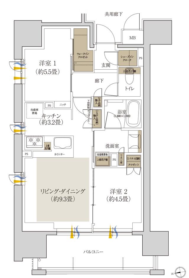 ローレルコート泉ザ・ハウスの間取り図　A：2LDK+WIC+SIC