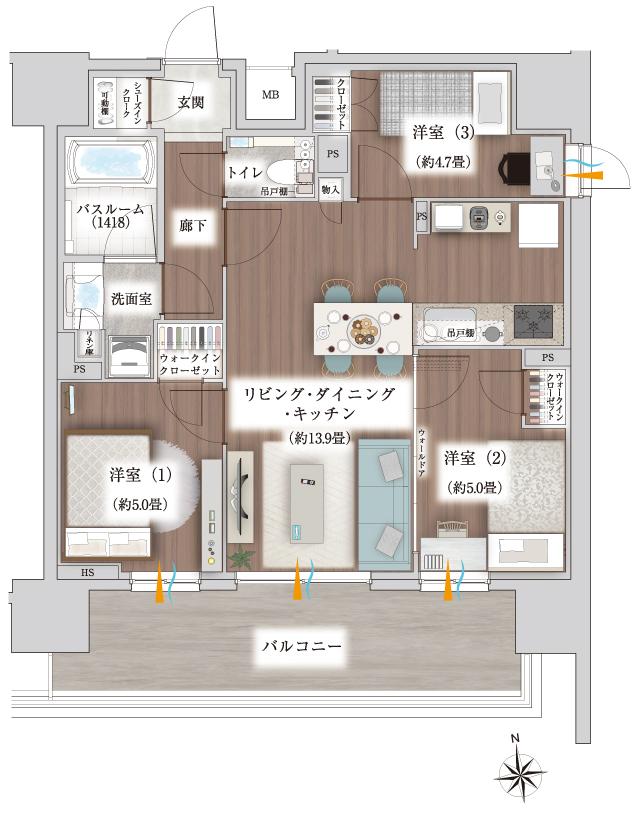 イノバス名駅の間取り図　B：3LDK+2WIC+SIC