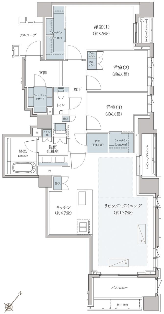 プラウド覚王山御棚町の間取り図　PD：3LDK+N+2WIC+SIC
