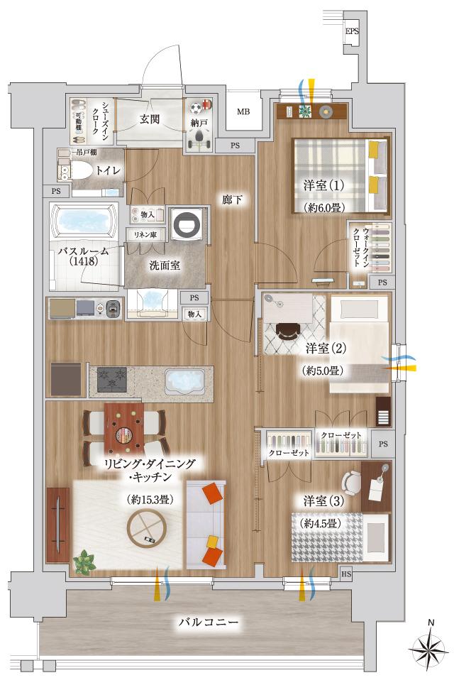 イノバス新瑞橋フロント・クロスの間取り図　フロントF：3LDK+WIC+SIC+N