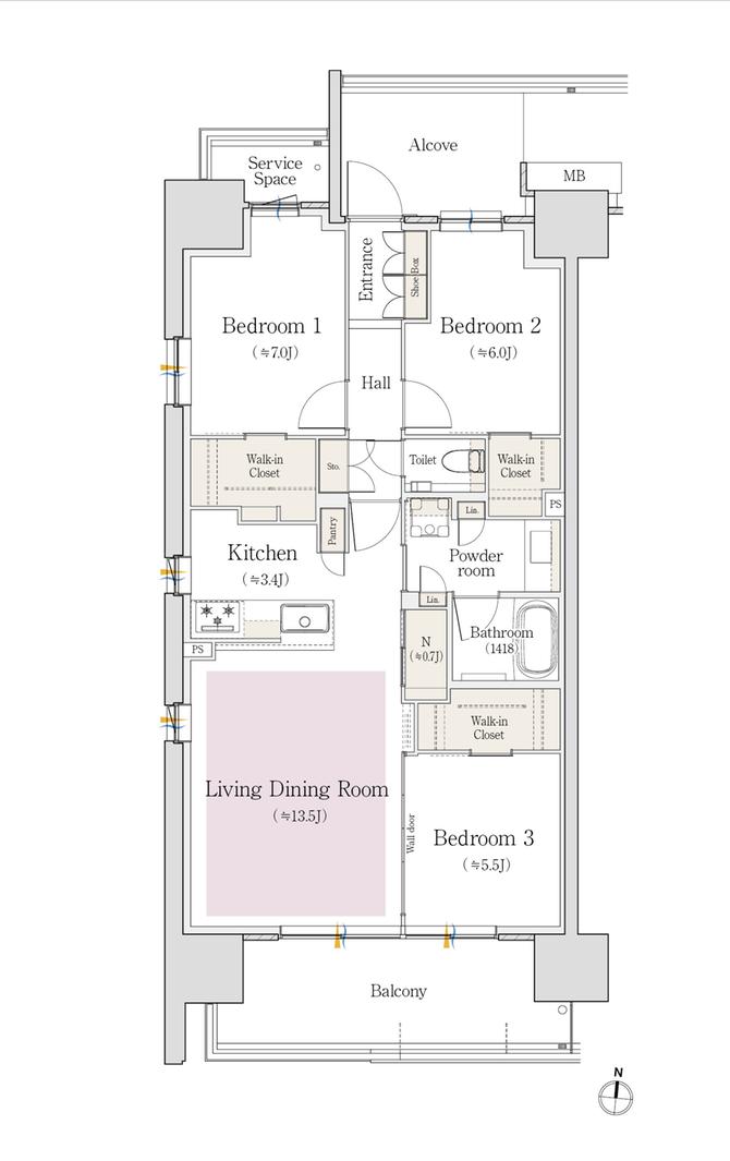 プラウド白壁コートの間取り図　A：3LDK+3WIC+N