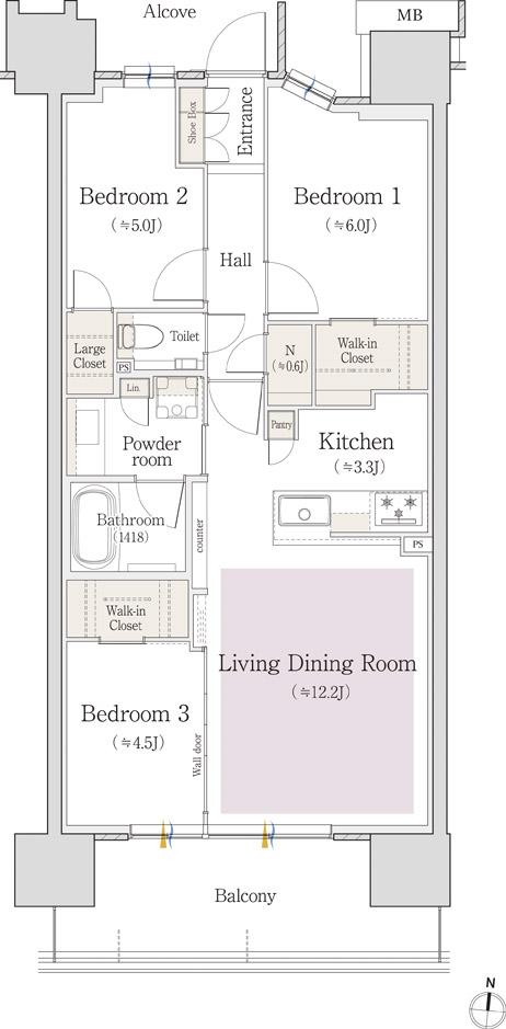プラウド白壁コートの間取り図　C：3LDK+2WIC+LC+N