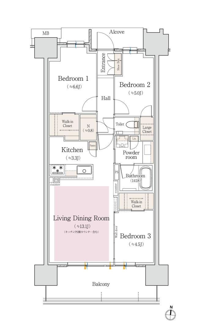 プラウド白壁コートの間取り図　B：3LDK+2WIC+LC+N
