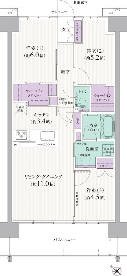 リピアーノガーデン茶屋ヶ坂の間取り図　AD：3LDK+2WIC