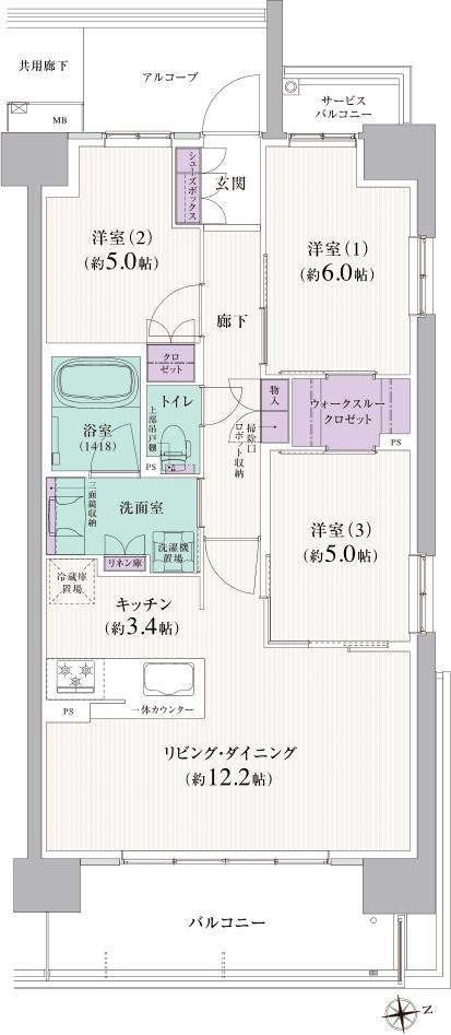 リピアーノガーデン茶屋ヶ坂の間取り図　BF：3LDK+ウォークスルークロゼット