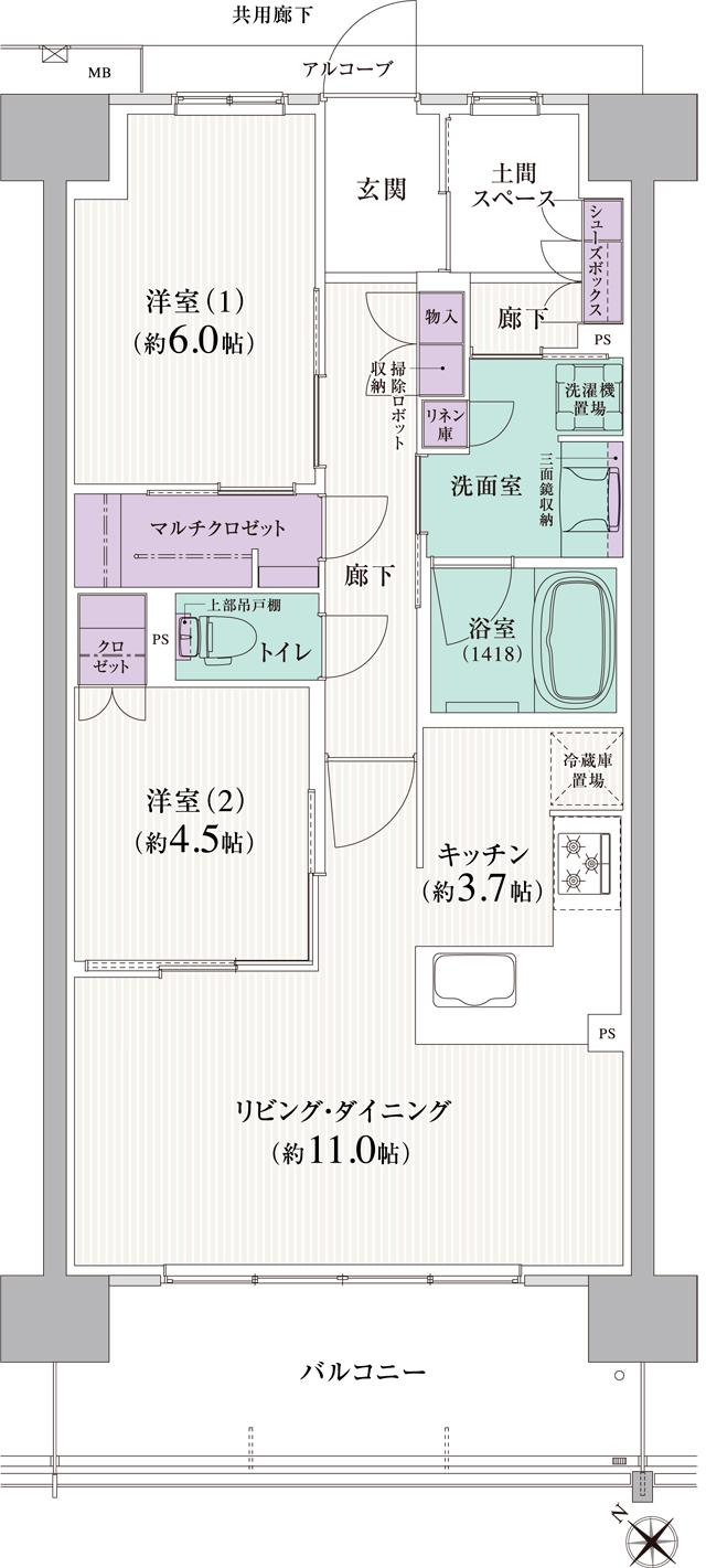 リピアーノガーデン茶屋ヶ坂の間取り図　AB：2LDK+MC+土間スペース