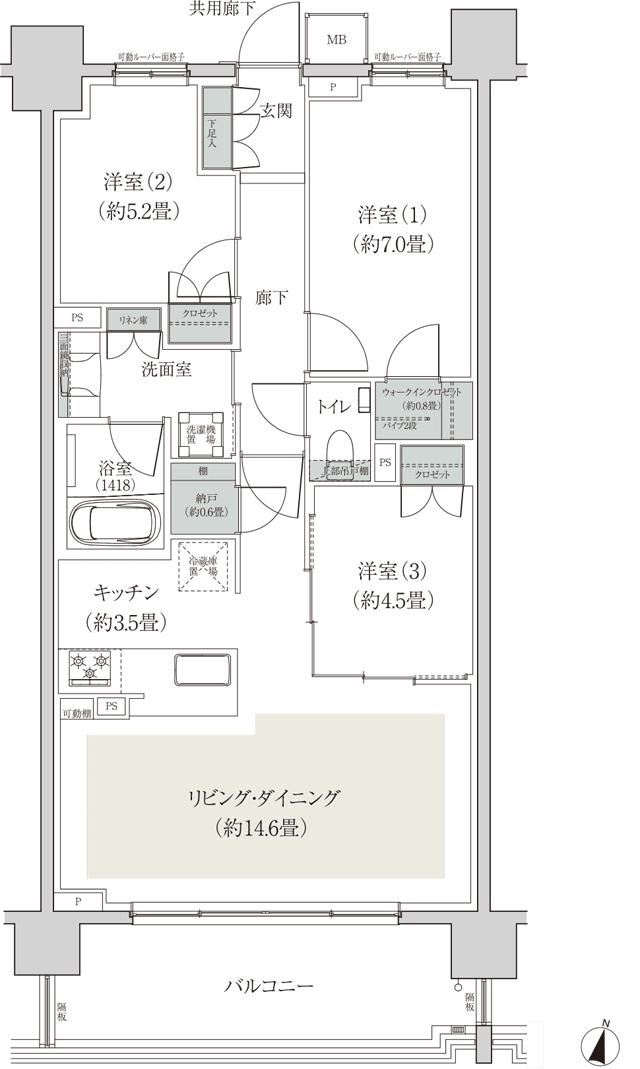 ウエリス瑞穂公園の間取り図　J：3LDK+WIC+N