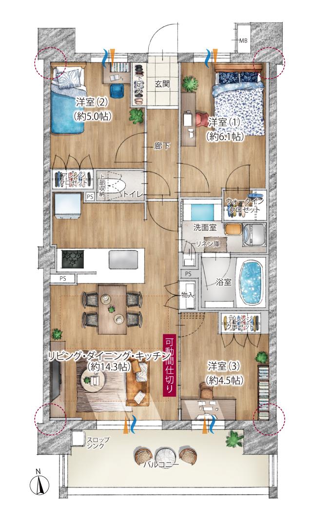 ファミリアーレ八田の間取り図　B：3LDK