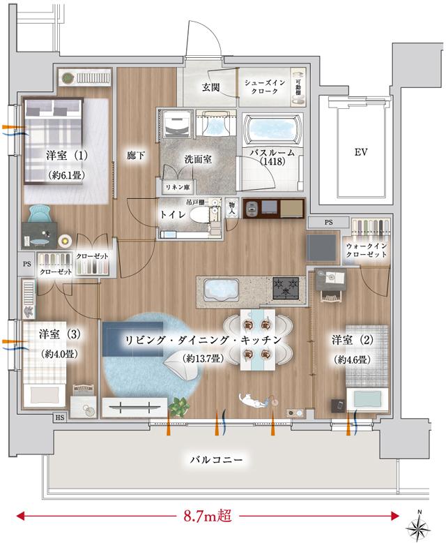イノバス丸の内の間取り図　F：3LDK+WIC+SIC