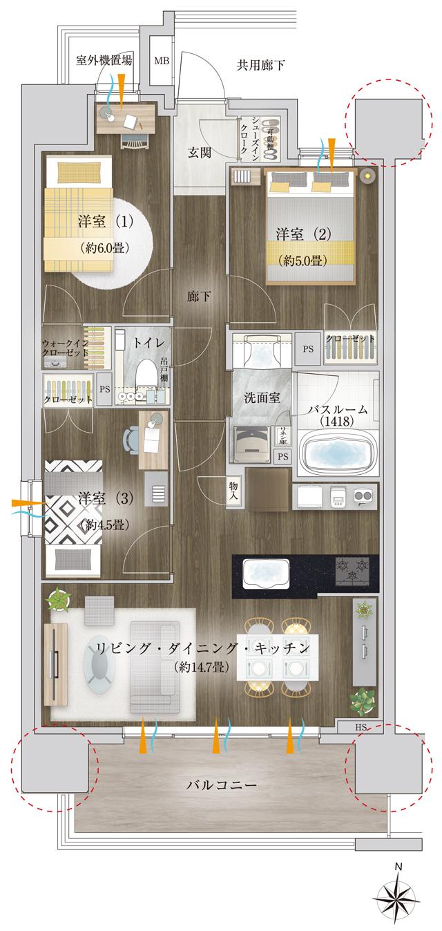 オープンレジデンシア瑞穂桜山ファーストの間取り図　A：3LDK+WIC+SIC