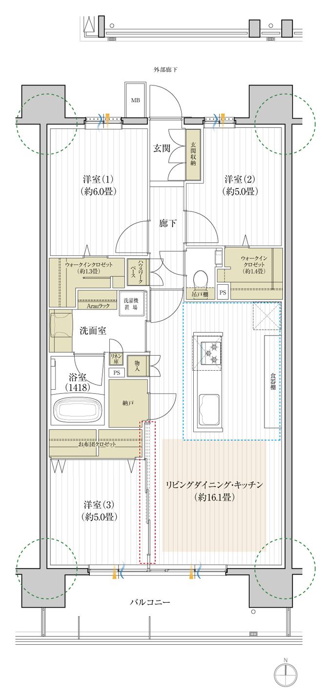 デュオヒルズ刈谷の間取り図　G1(1～10F)：3LDK+2WIC+FC+N
