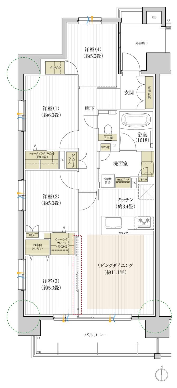 デュオヒルズ刈谷の間取り図　A：4LDK+2WIC+FC
