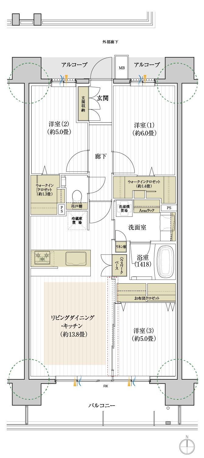 デュオヒルズ刈谷の間取り図　F：3LDK+2WIC+FC