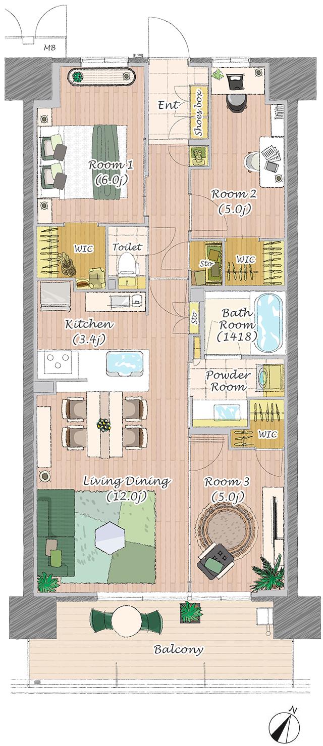 MMキャンバス南大高の間取り図　M1：3LDK+3WIC+N