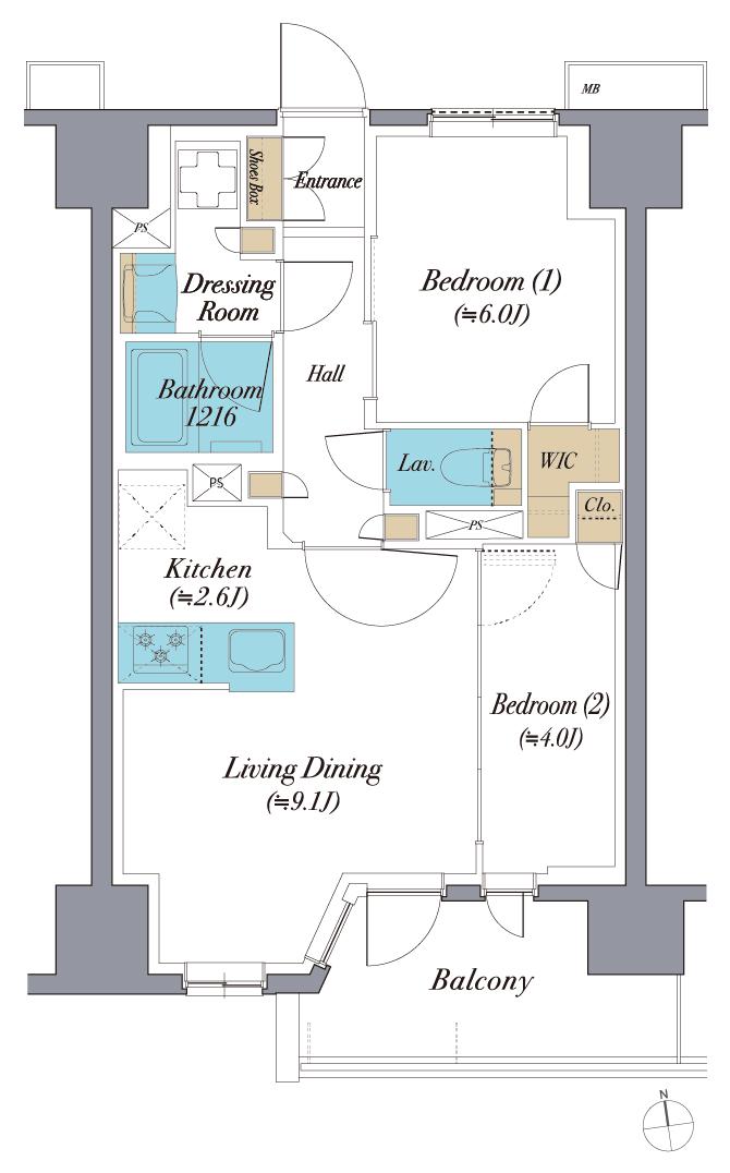 レーベン浄心の間取り図　C：2LDK+WIC
