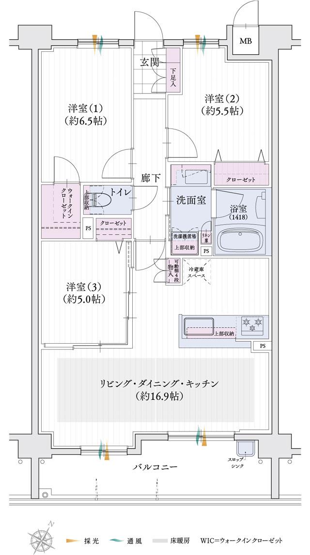 ユニロイヤル上社の間取り図　C：3LDK+WIC