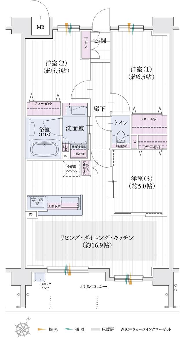 ユニロイヤル上社の間取り図　E：3LDK