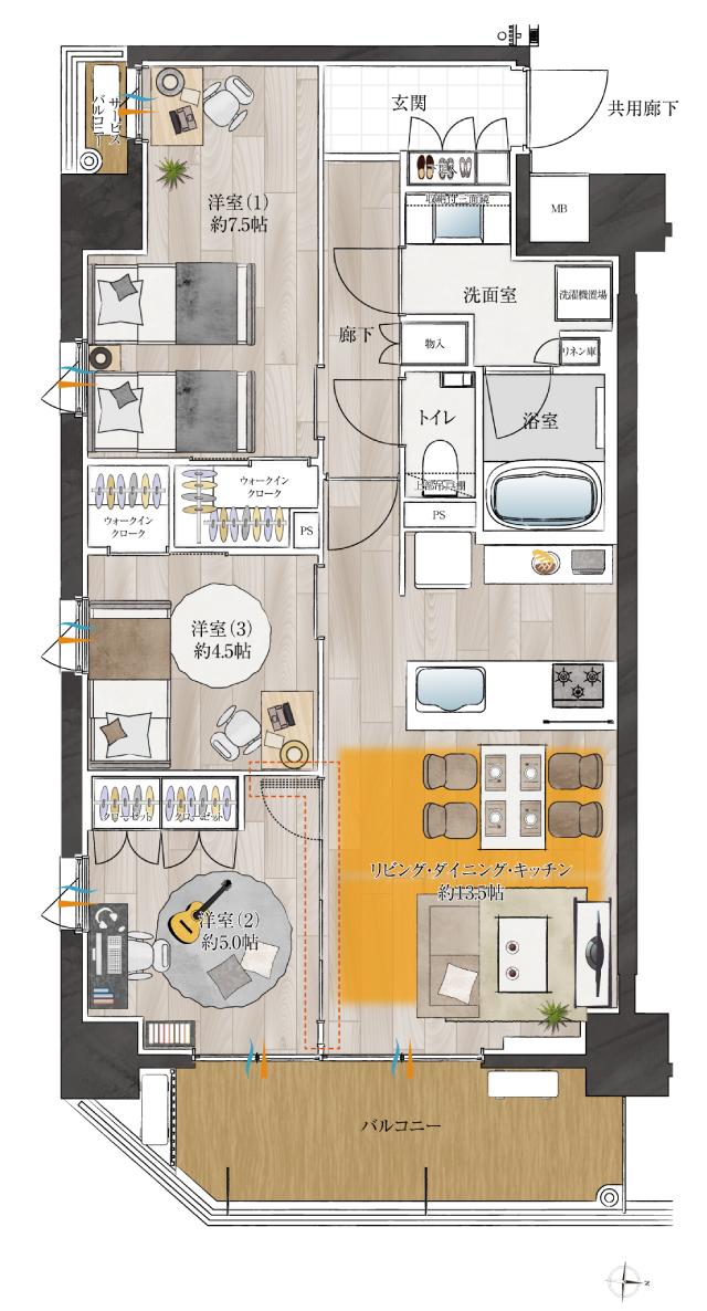 ティサージュ桜山の間取り図　D：3LDK+2WIC