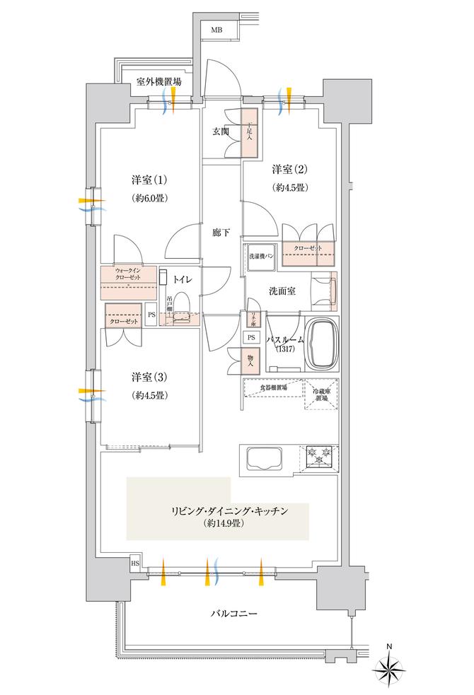 イノバス赤池の間取り図　A：3LDK+WIC