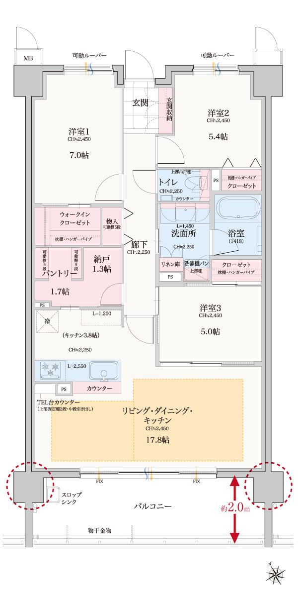 エルグランデ知立南陽の間取り図　E4：3LDK+納戸+パンドリー+WIC