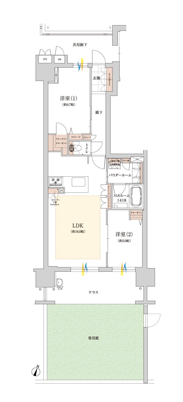 カルティア尾張横須賀ブライトフォートの間取り図　Dg：2LDK+テラス+専用庭+WIC