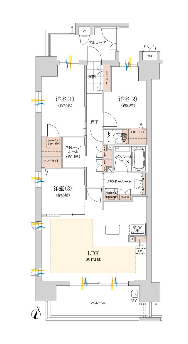 カルティア尾張横須賀ブライトフォートの間取り図　A：3LDK+アルコーブ+S+WIC