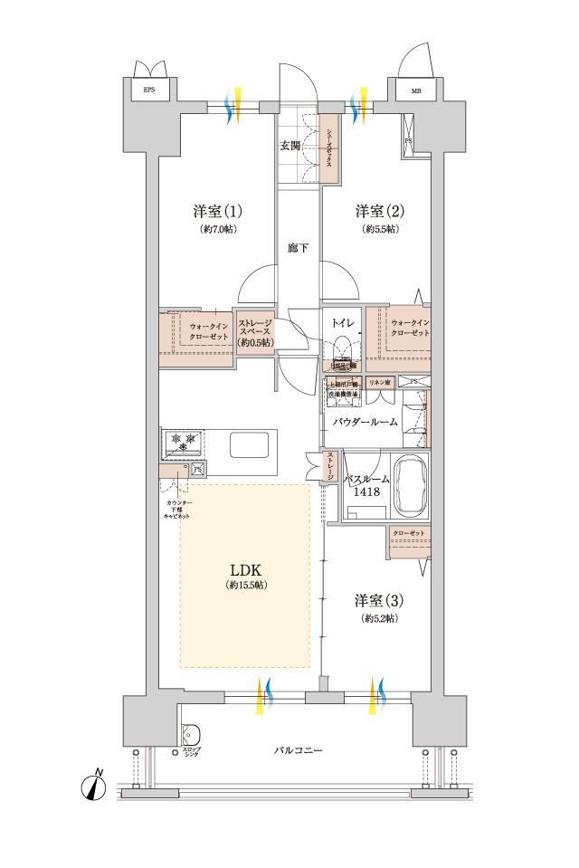 カルティア尾張横須賀ブライトフォートの間取り図　B：3LDK+ストレージスペース+2WIC