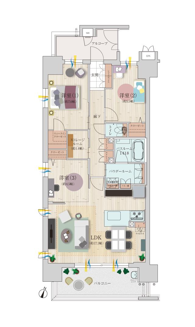 カルティア尾張横須賀ブライトフォートの間取り図　A：3LDK+アルコーブ+ストレージルーム+WIC