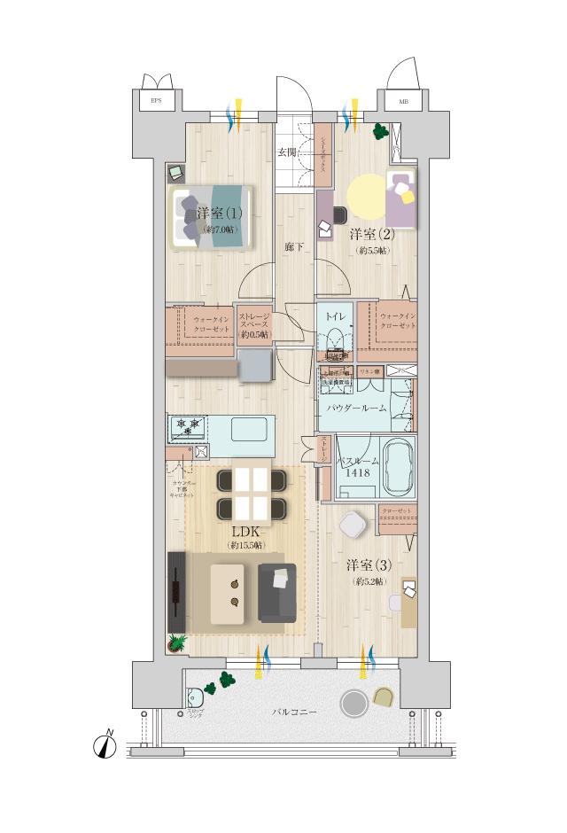 カルティア尾張横須賀ブライトフォートの間取り図　B：3LDK+ストレージスペース+2WIC