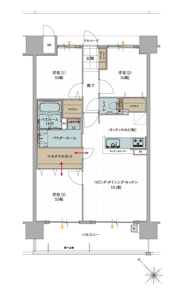アルファステイツ久居駅の間取り図　E：3LDK＋マルチクロゼット