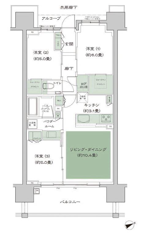 シティタワー名駅那古野の間取り図　70C'：3LDK＋N＋2WIC