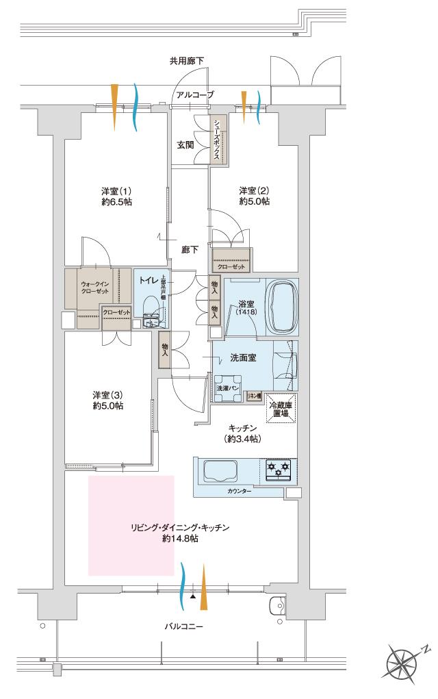 グランドパレス上小田井の間取り図　K：3LDK+WIC