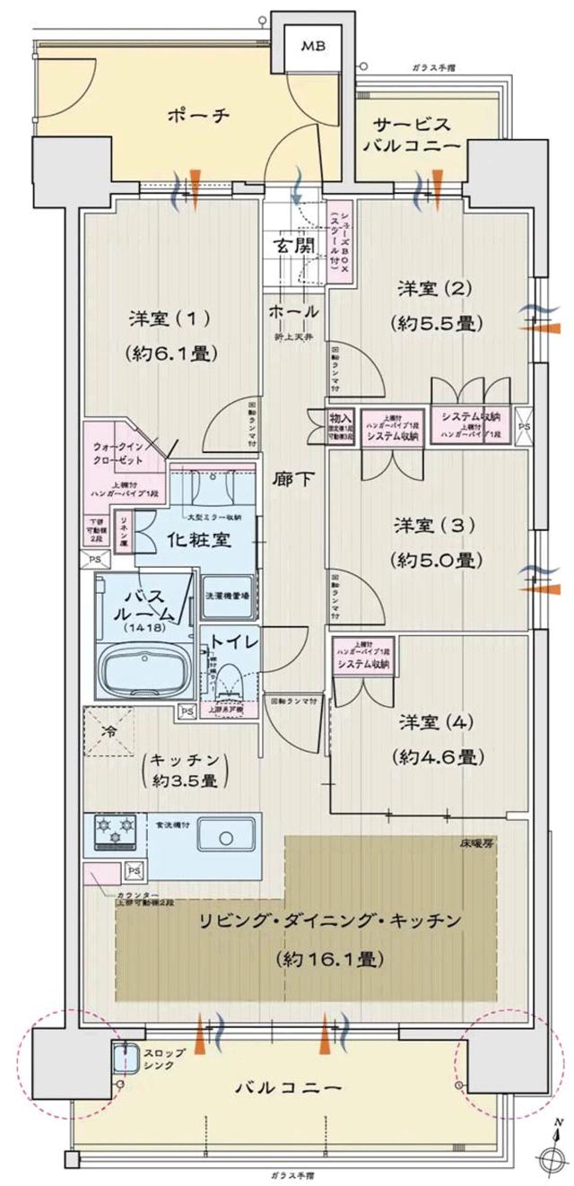 モアグレース住吉パークフロントの間取り図　D：4LDK+WIC