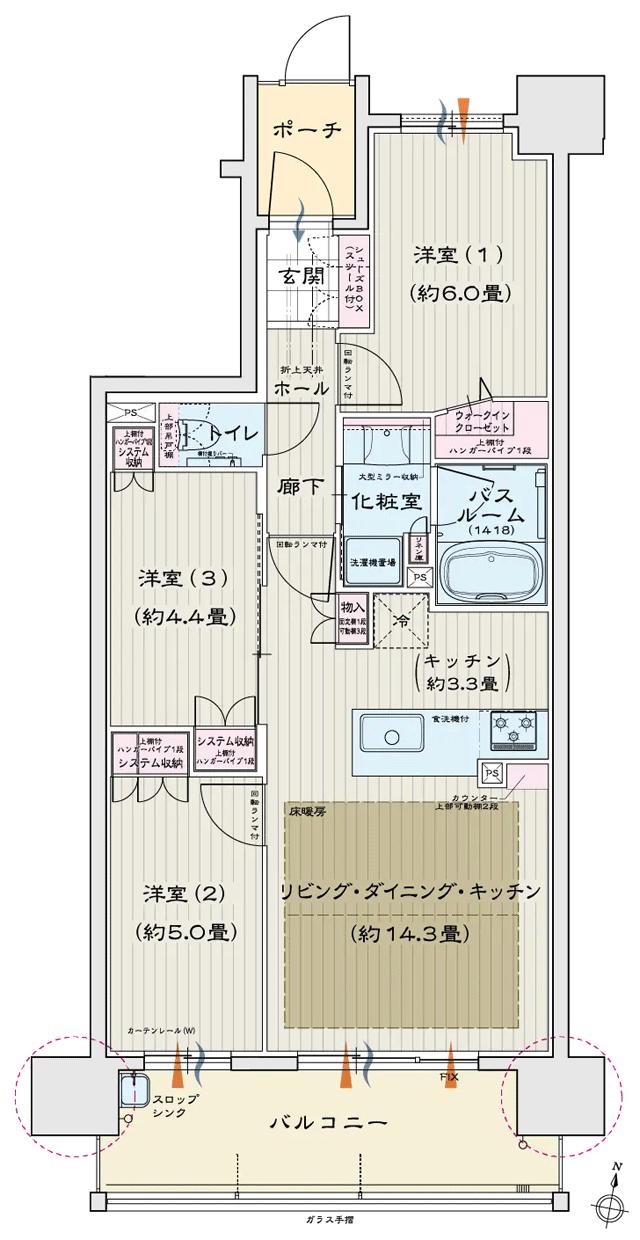 モアグレース住吉パークフロントの間取り図　C：3LDK+WIC