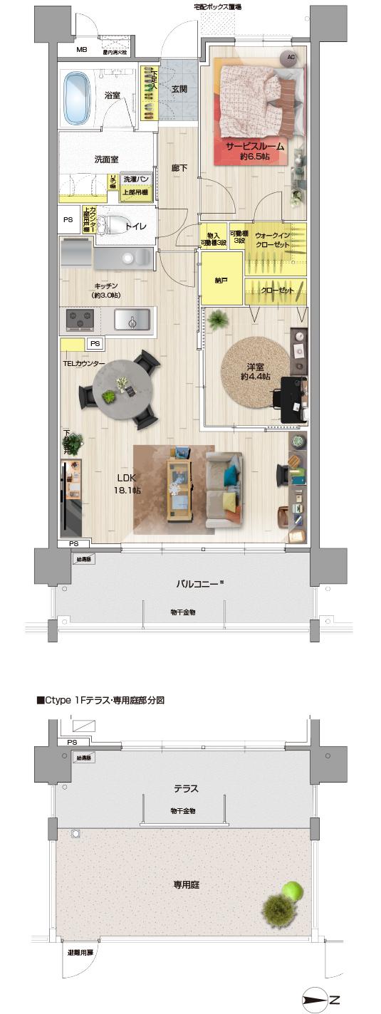 リコット梅坪の間取り図　C：1LDK+S+WIC+N