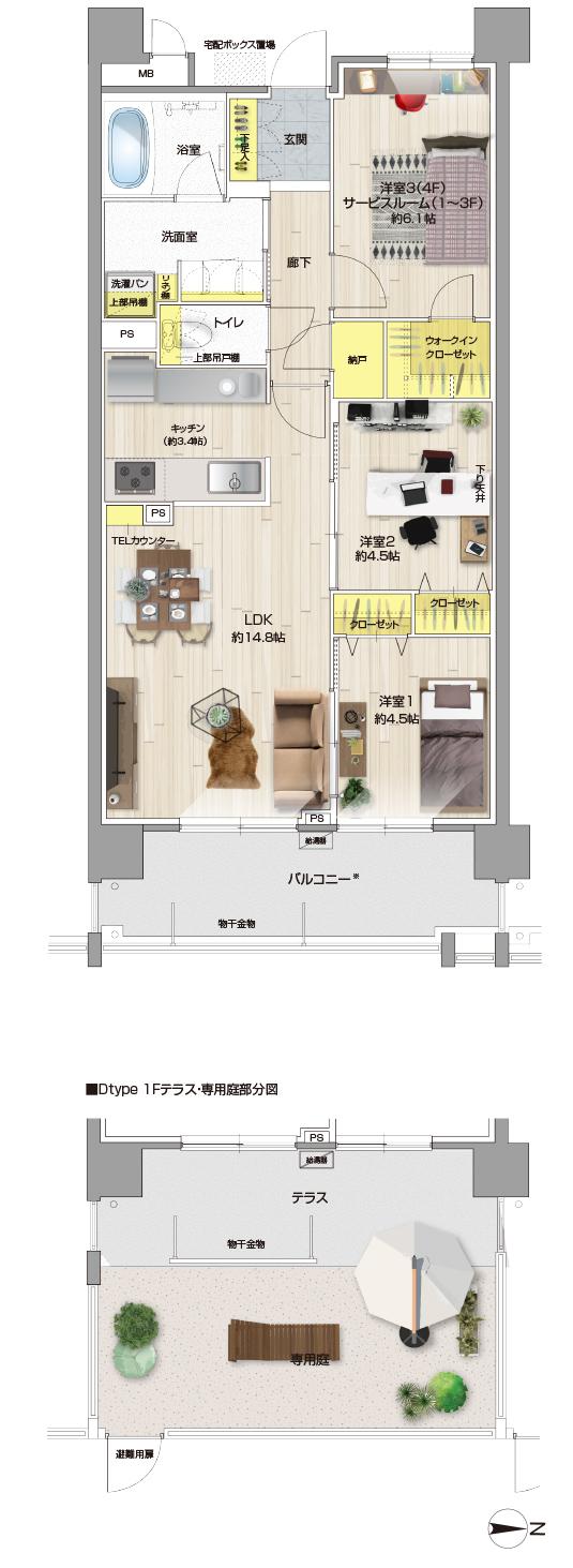 リコット梅坪の間取り図　D（1～3F）：2LDK+S+WIC+N