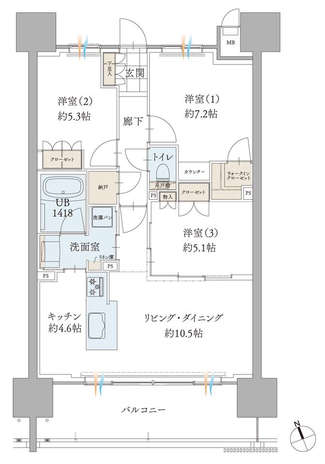 エンブルアルビオ富士中央の間取り図　C2：3LDK+WIC+N