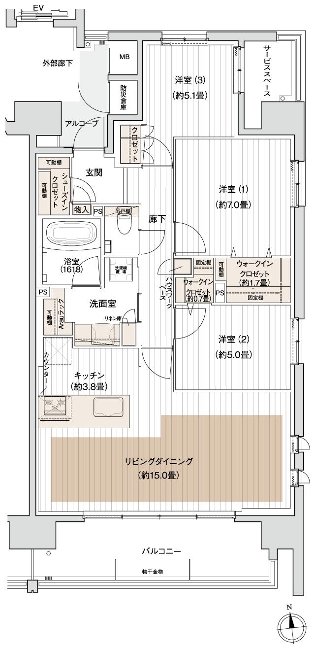 デュオヒルズ一宮ザ・レジデンスの間取り図　F：3LDK+2WIC+SIC